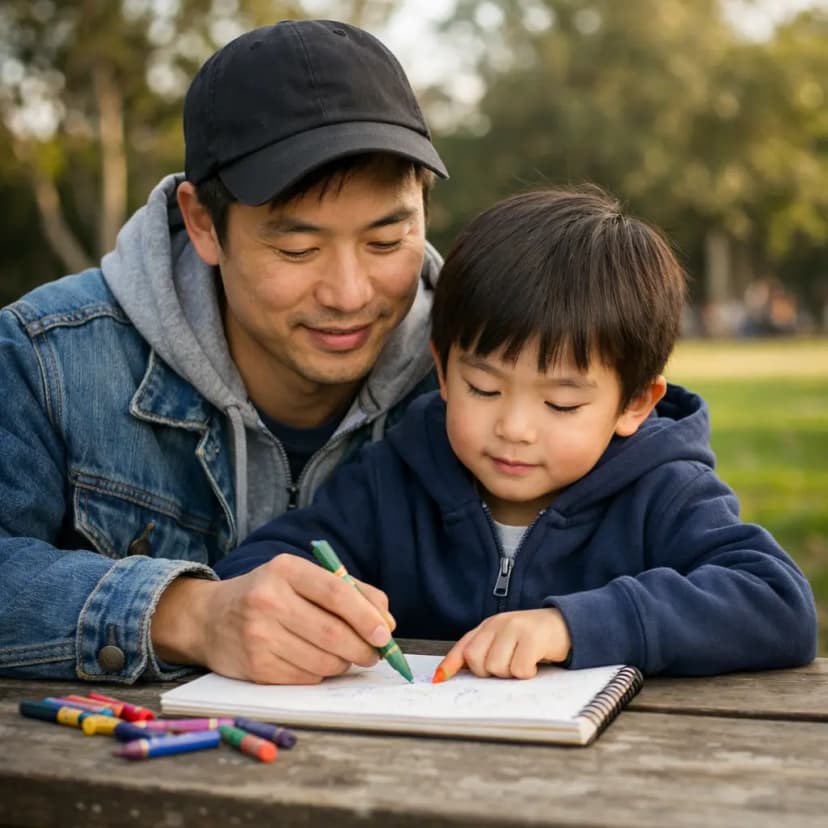 Father and son drawing together at an outdoor park table