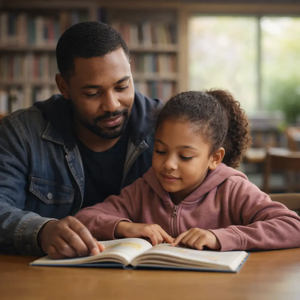 Father and daughter reading together at a library table during a supervised visit