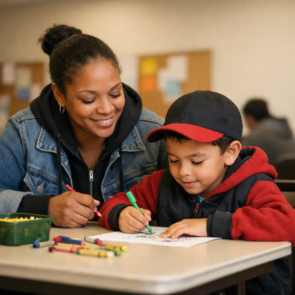Parent and child coloring together