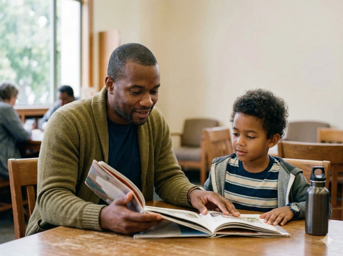 Father and son reading together at a library in Santa Clara County