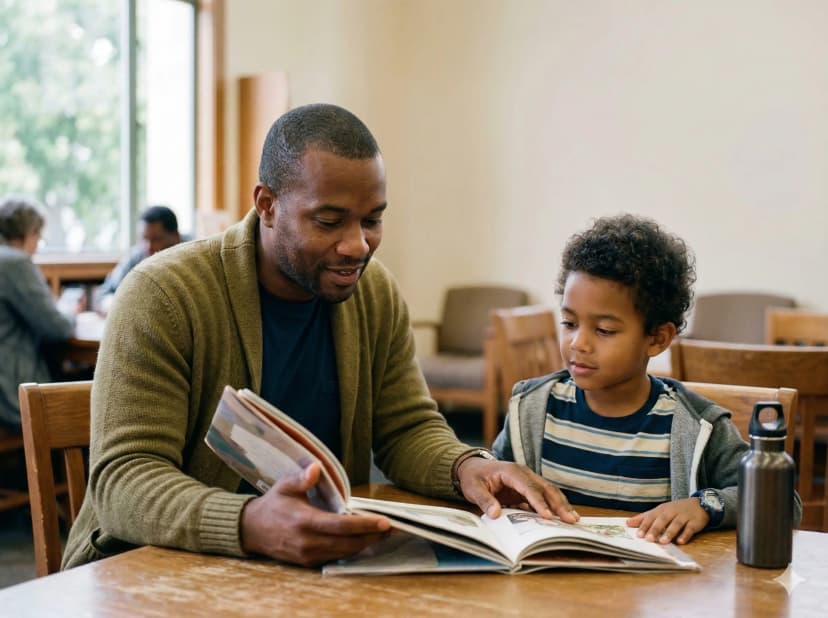 Father and son reading at a library