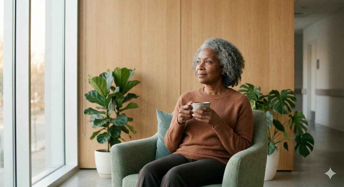 Grandmother with coffee in a calm visitation setting in Alameda County