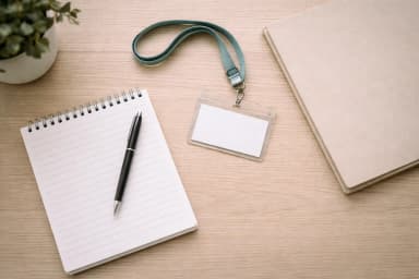 Notebook, pen, and ID badge on a desk — ready for intake