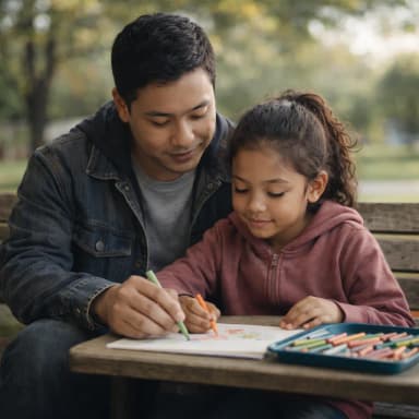 Father and daughter drawing together on a park bench after an exchange