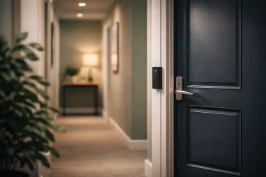 Private office hallway with secure door — discretion and safety
