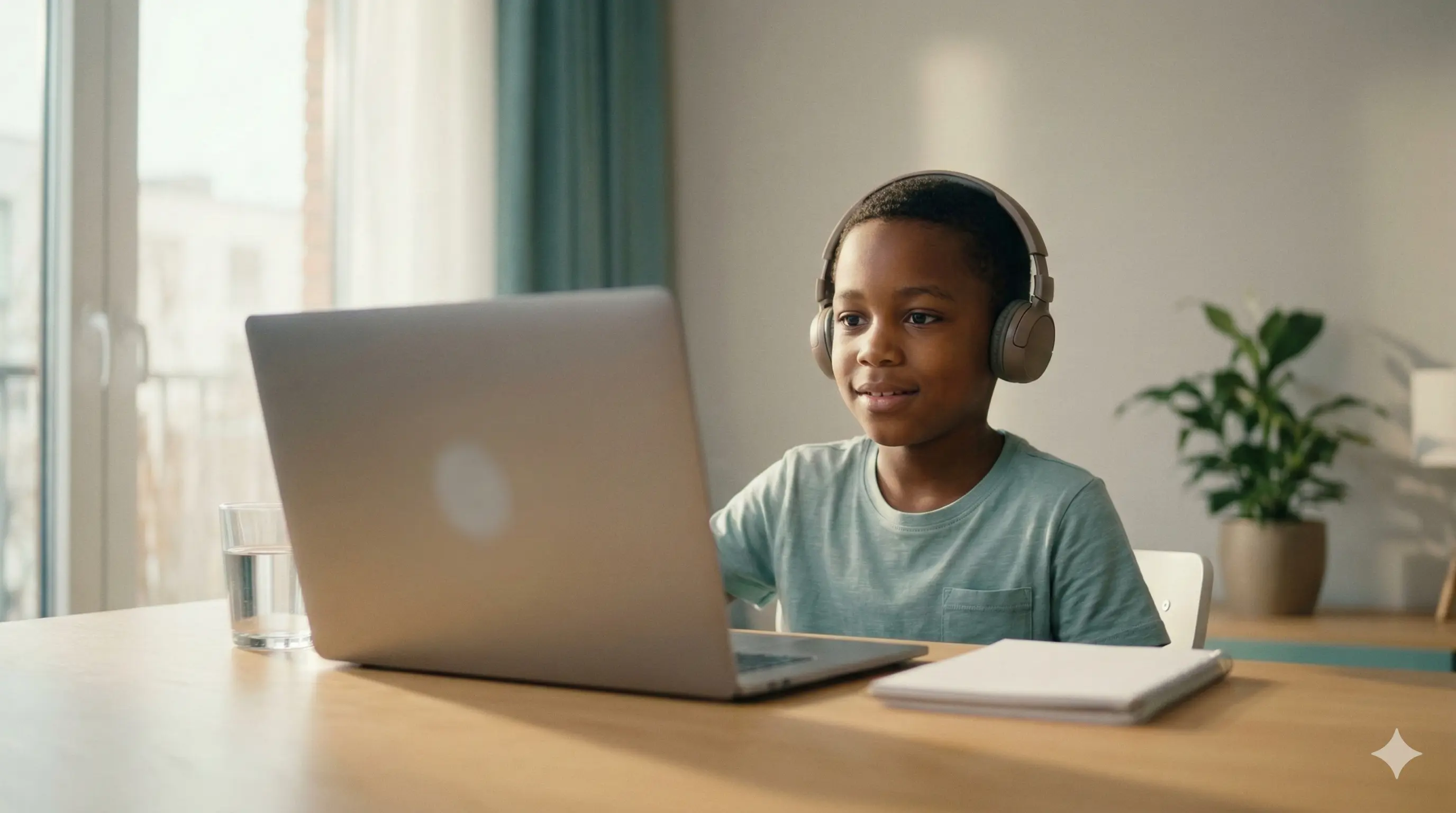 Young boy participating in a supervised virtual visit on a laptop with headphones